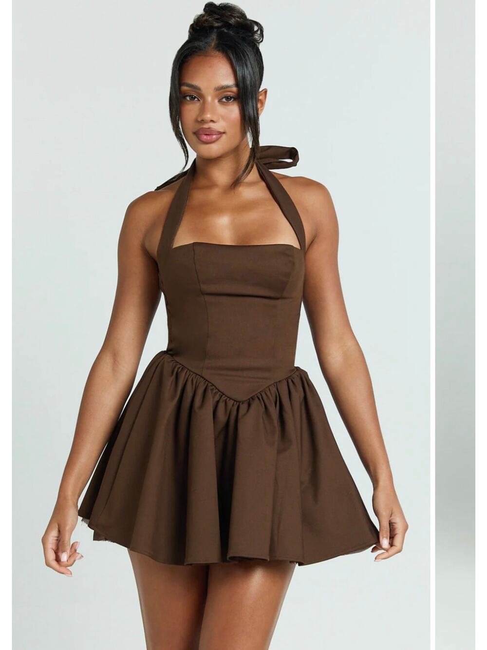 Showpo Helda Chocolate Brown Halter Tie Neck Corset Panel Mini Dress NWT 8